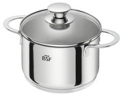 Edelstahlkochtopf mit Glasdeckel und zwei Griffen, seitliche Perspektive