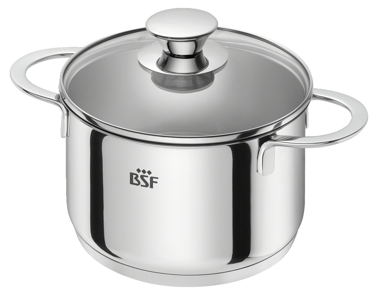 Edelstahlkochtopf mit Glasdeckel und zwei Griffen, seitliche Perspektive