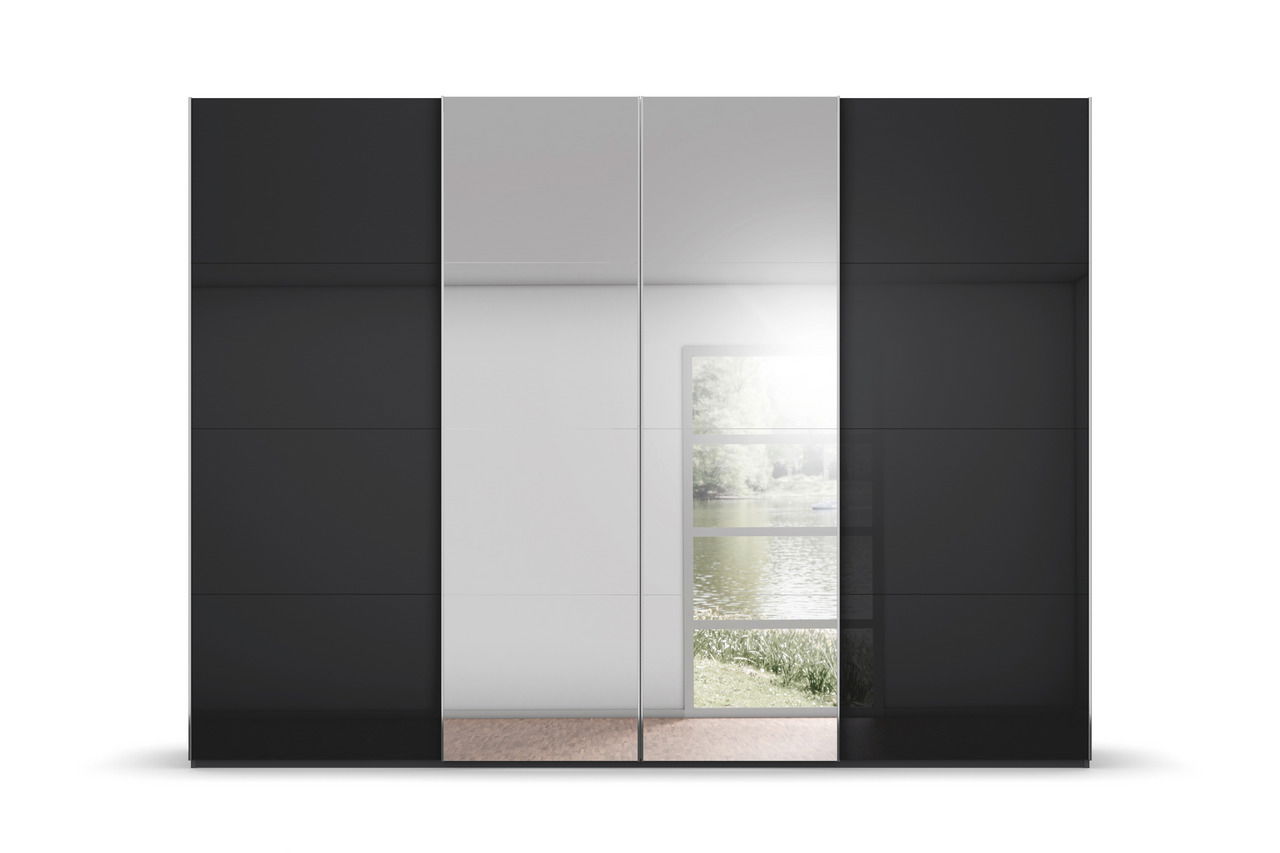Schwebetürenschrank in Schwarz mit mittlerer Spiegeltür, Frontalansicht