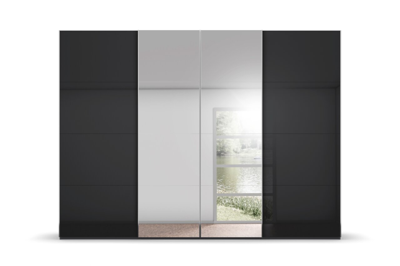 Hangende kast in zwart met een spiegeldeur in het midden, vooraanzicht