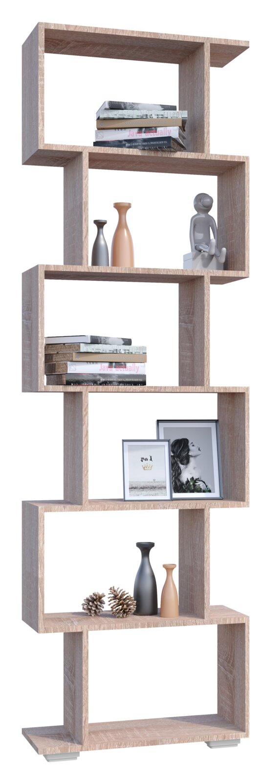 Modernes, asymmetrisches Standregal in heller Holzoptik mit offenen Fächern, dekoriert mit Büchern, Vasen, Bilderrahmen und Zapfen; freigestellt in frontaler Perspektive.
