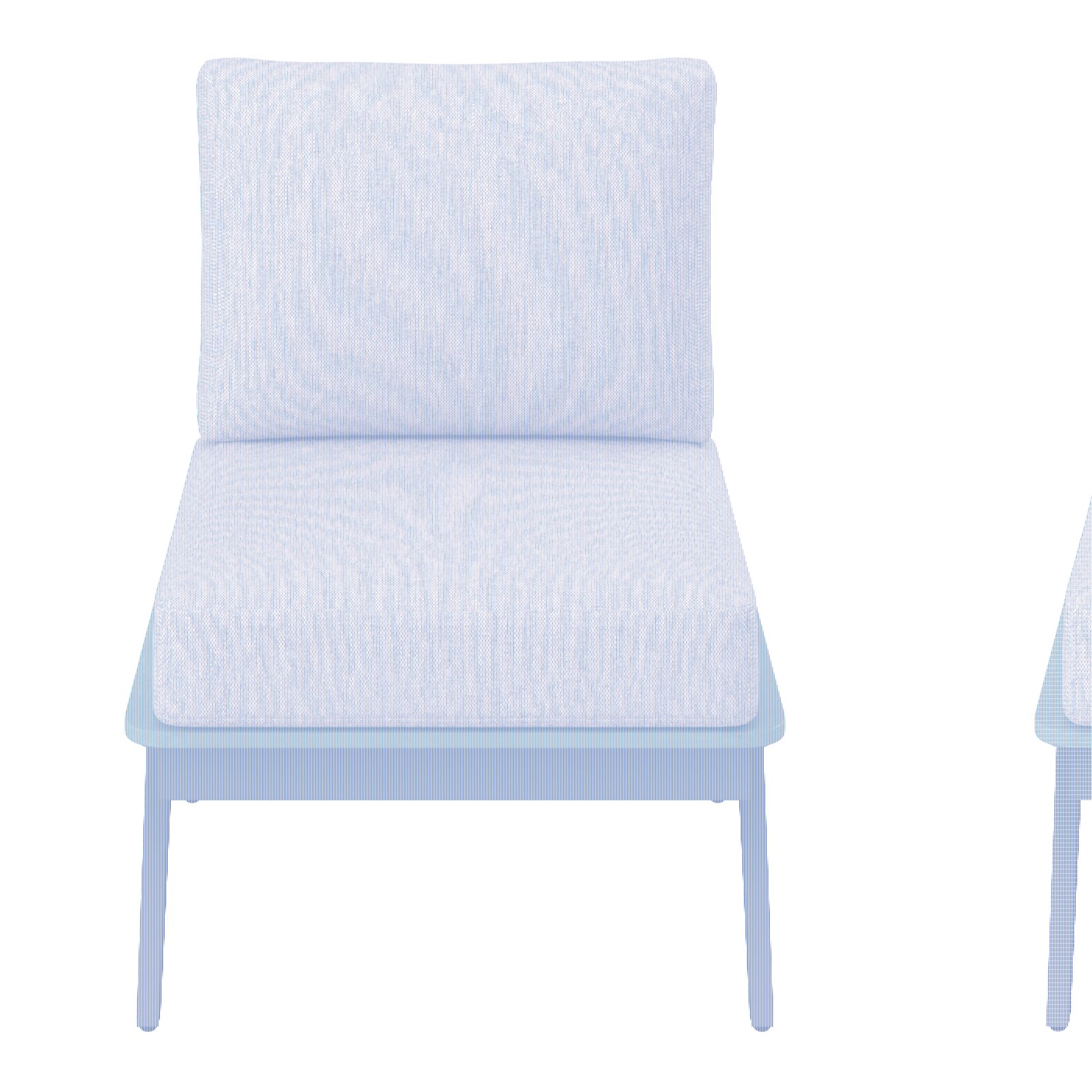 Frontale Ansicht eines modernen Loungesofas mit grauem Stoffbezug und schwarzem Metallgestell.