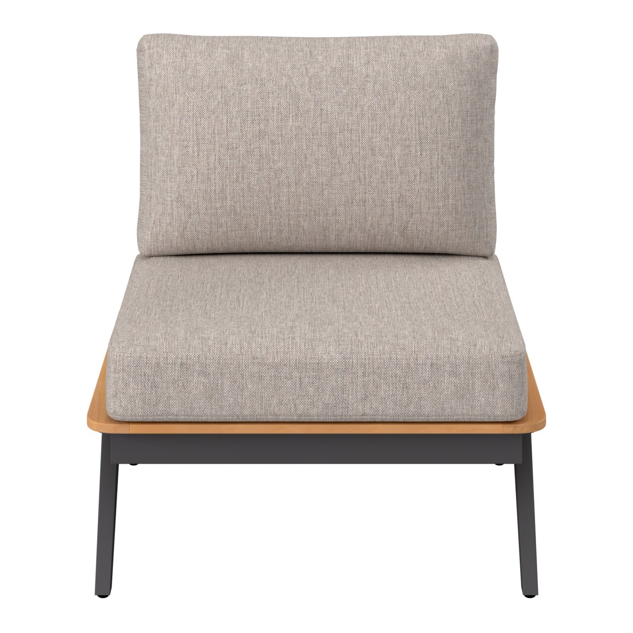 Frontale Ansicht eines modernen Loungesofas mit grauem Stoffbezug und schwarzem Metallgestell.
