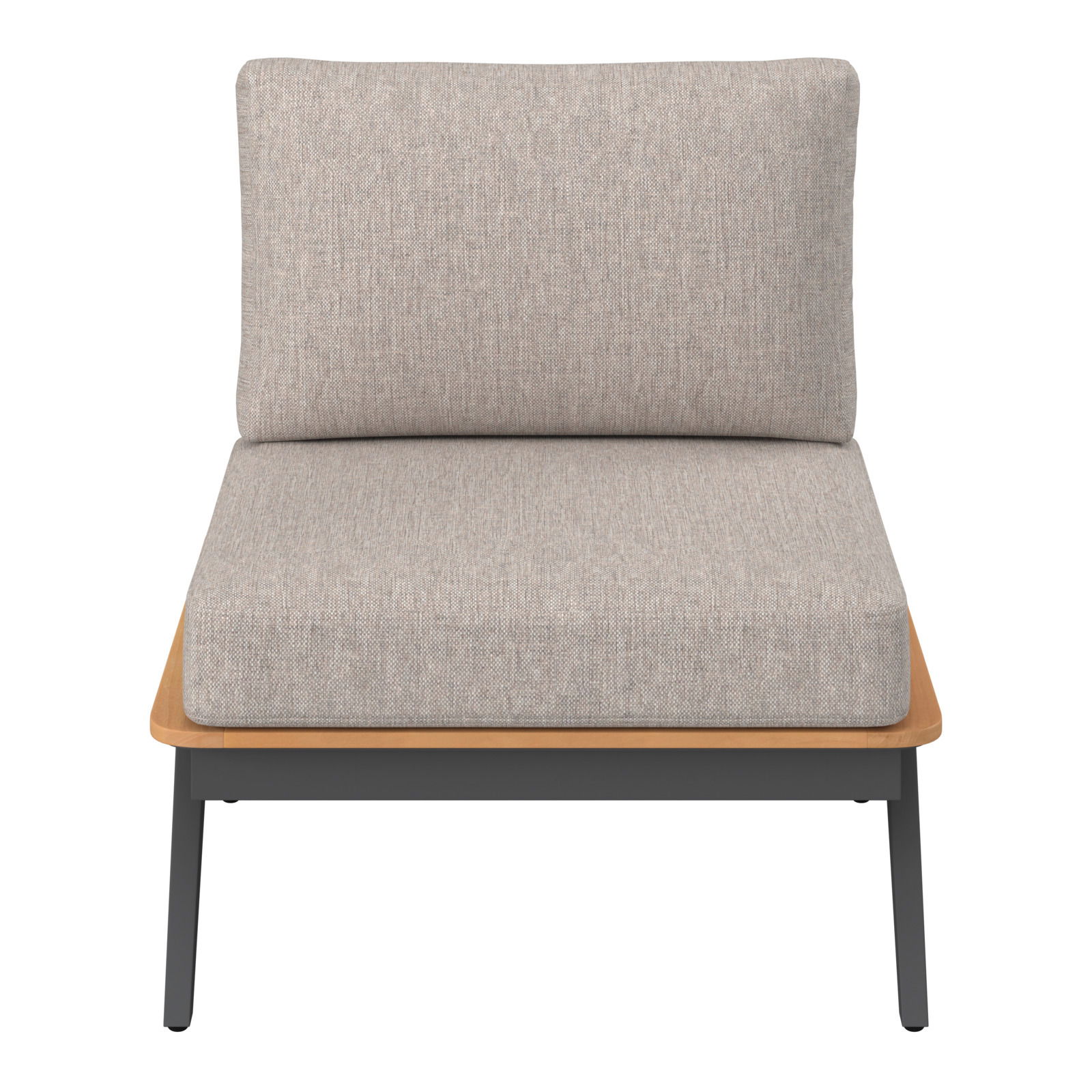 Frontale Ansicht eines modernen Loungesofas mit grauem Stoffbezug und schwarzem Metallgestell.