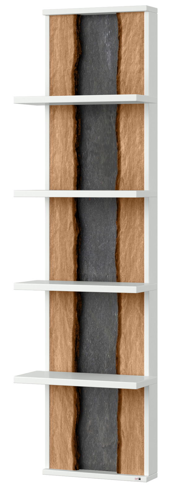 Hängepaneel mit vier weißen Regalböden und einer Rückwand in Holzoptik mit dunklem Streifen in der Mitte, seitliche Perspektive