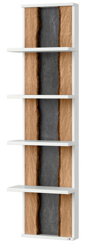 Hängepaneel mit vier weißen Regalböden und einer Rückwand in Holzoptik mit dunklem Streifen in der Mitte, seitliche Perspektive