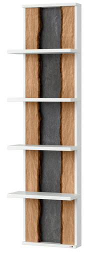 Hängepaneel mit vier weißen Regalböden und einer Rückwand in Holzoptik mit dunklem Streifen in der Mitte, seitliche Perspektive