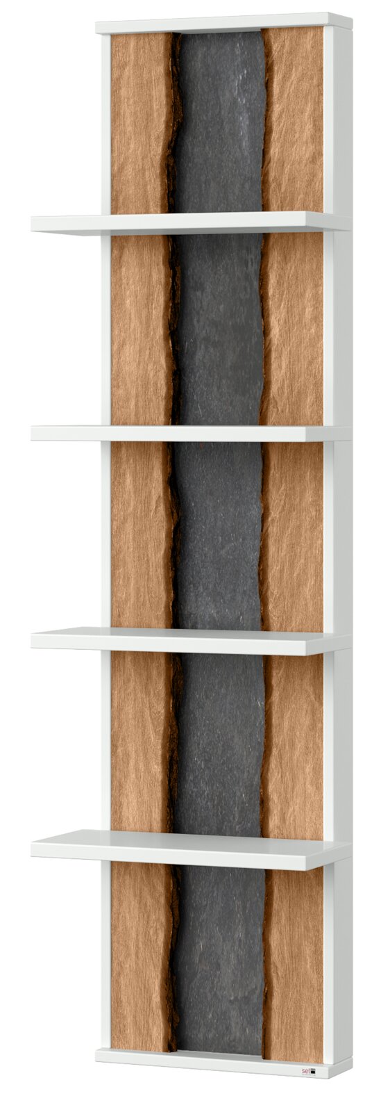 Hängepaneel mit vier weißen Regalböden und einer Rückwand in Holzoptik mit dunklem Streifen in der Mitte, seitliche Perspektive