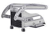 Nahaufnahme eines robusten Pommes-Frites-Schneiders aus Edelstahl mit Hebelmechanismus und rutschfesten Füßen, seitliche Perspektive.