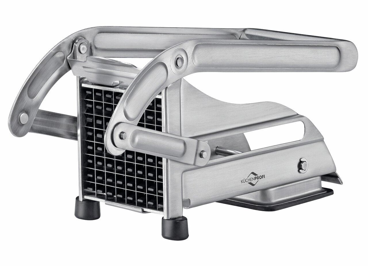 Nahaufnahme eines robusten Pommes-Frites-Schneiders aus Edelstahl mit Hebelmechanismus und rutschfesten Füßen, seitliche Perspektive.