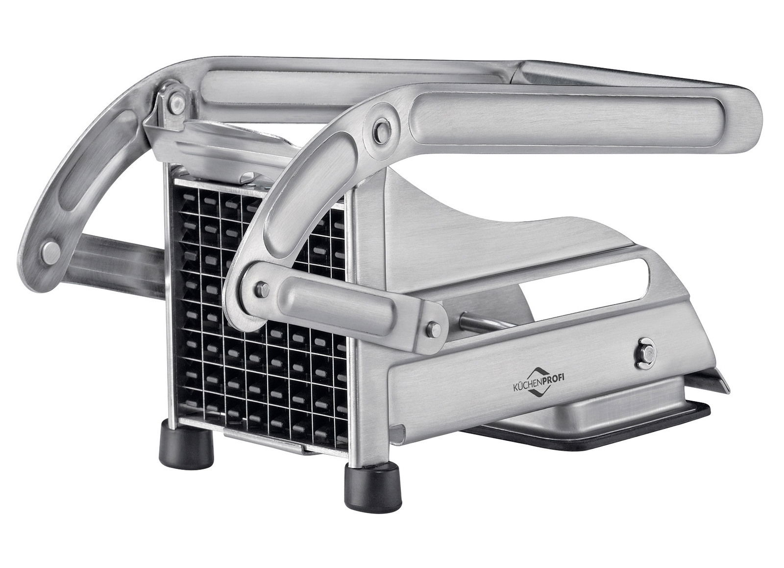 Nahaufnahme eines robusten Pommes-Frites-Schneiders aus Edelstahl mit Hebelmechanismus und rutschfesten Füßen, seitliche Perspektive.