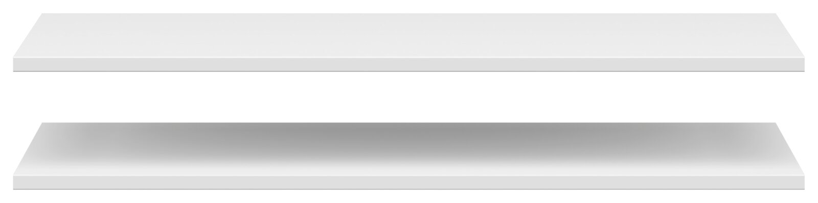 Zwei weiße Einlegeböden in einer frontalen Ansicht, schwebend übereinander.