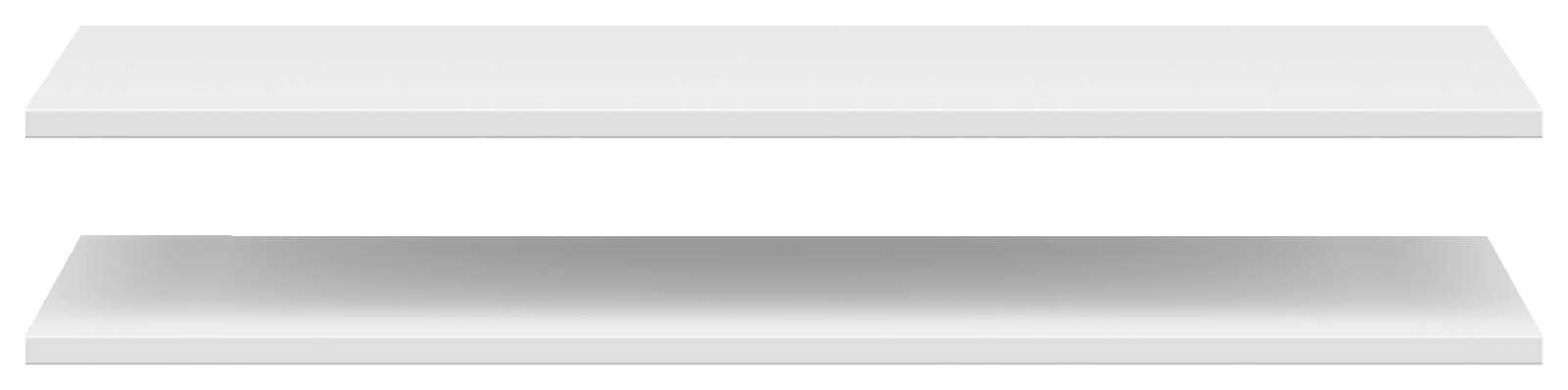 Zwei weiße Einlegeböden in einer frontalen Ansicht, schwebend übereinander.