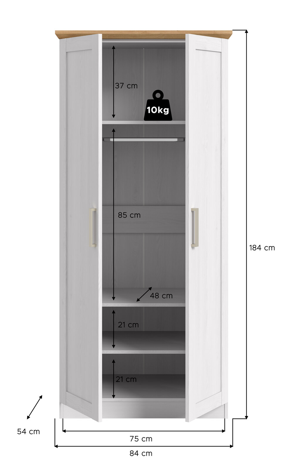 Weißer zweitüriger Kleiderschrank mit Holzoptik-Abdeckplatte, geöffnet in Frontalansicht; innen mit Kleiderstange und Einlegeböden, Maßangaben (H 184 cm, B 84 cm, T 54 cm) und Belastbarkeit 10 kg pro Boden.
