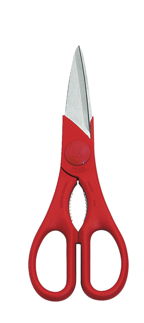 Rote Vielzweckschere mit ergonomischen Griffen, frontal abgebildet.