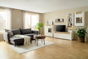 Modernes Wohnzimmer mit TV-Unterteil in heller Holzoptik, frontal betrachtet, umgeben von stilvollen Möbeln und Dekorationen.