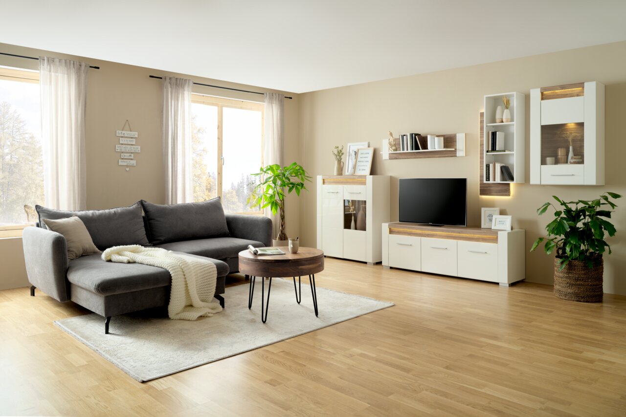 Modernes Wohnzimmer mit TV-Unterteil in heller Holzoptik, frontal betrachtet, umgeben von stilvollen Möbeln und Dekorationen.