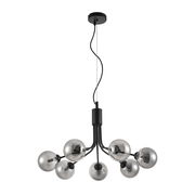 Moderne Hängeleuchte mit sechs kugelförmigen, rauchgrauen Glühbirnen, von unten betrachtet.