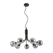 Moderne Hängeleuchte mit sechs kugelförmigen, rauchgrauen Glühbirnen, von unten betrachtet.