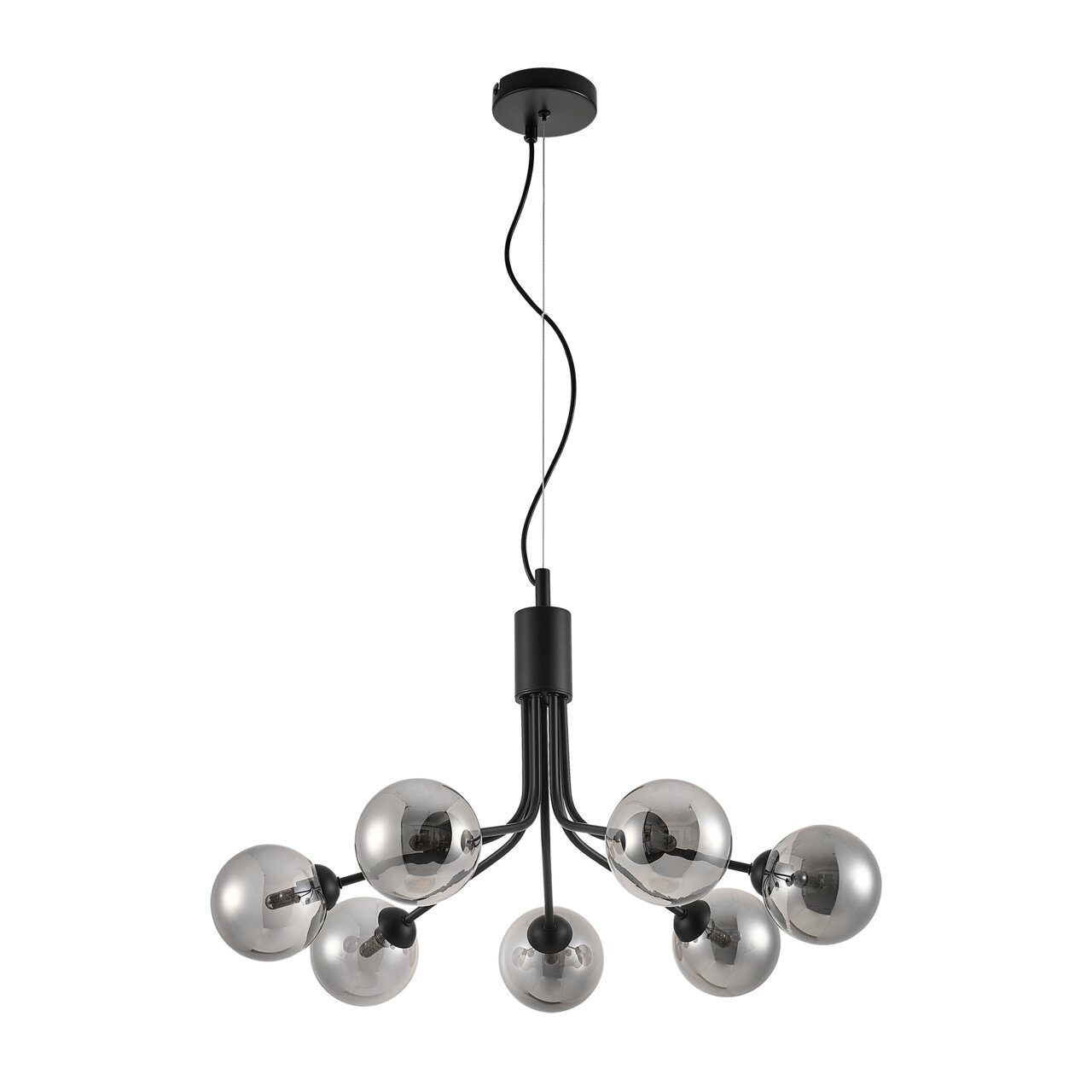 Moderne Hängeleuchte mit sechs kugelförmigen, rauchgrauen Glühbirnen, von unten betrachtet.