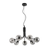 Moderne Hängeleuchte mit sechs kugelförmigen, rauchgrauen Glühbirnen, von unten betrachtet.