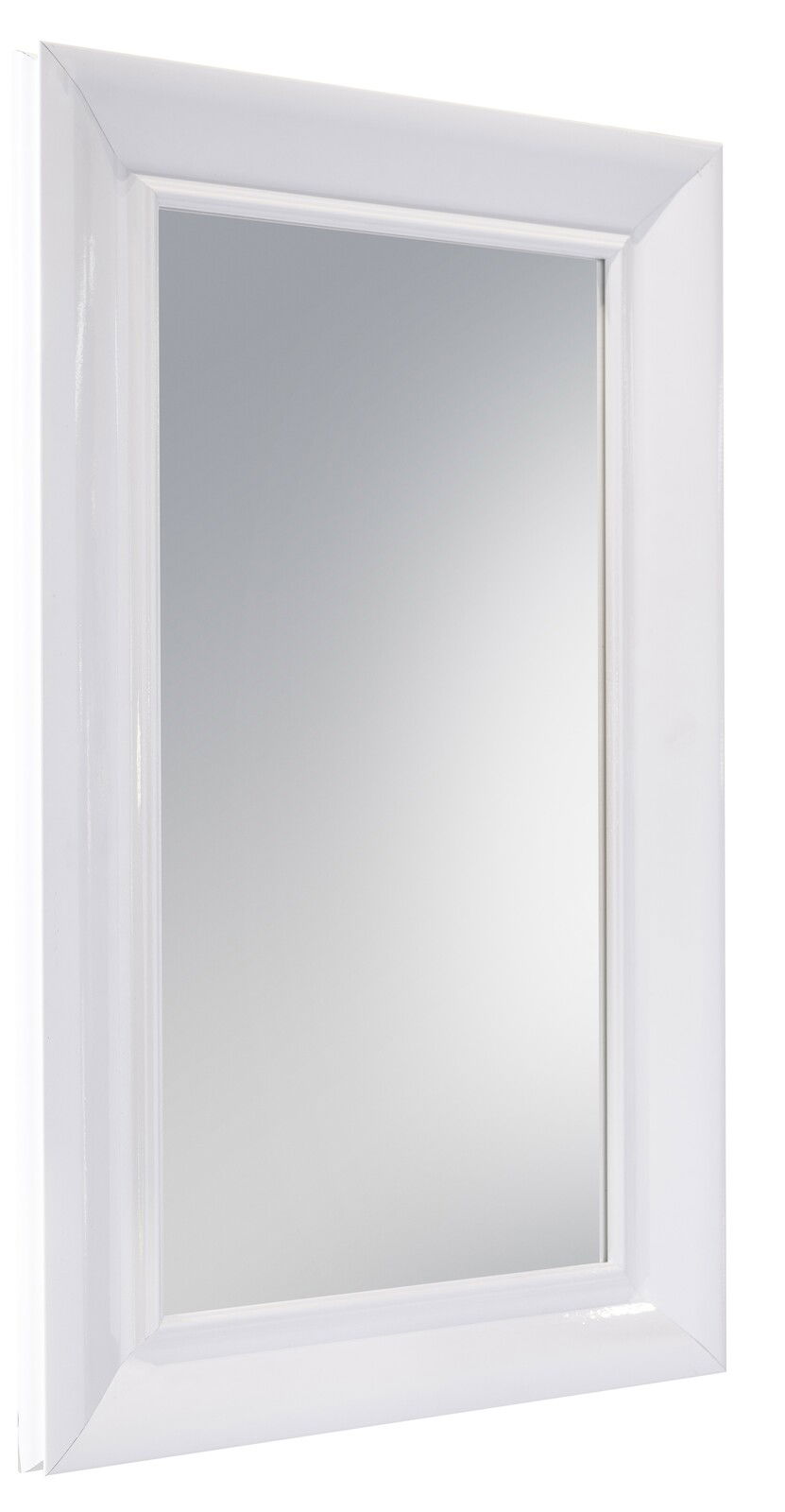 Rechteckiger Wandspiegel mit weißem Rahmen, seitliche Perspektive