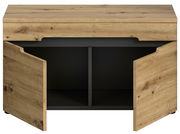 Sitzbank aus Holz mit geöffneter Doppeltür, Frontansicht