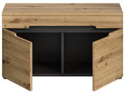 Sitzbank aus Holz mit geöffneter Doppeltür, Frontansicht