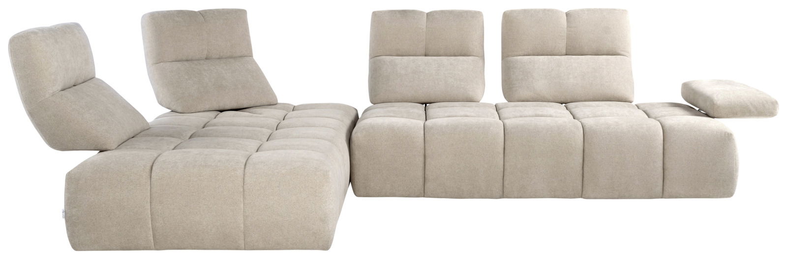 Beige Eckgarnitur mit verstellbaren Rückenlehnen und Armlehne, Vorderansicht