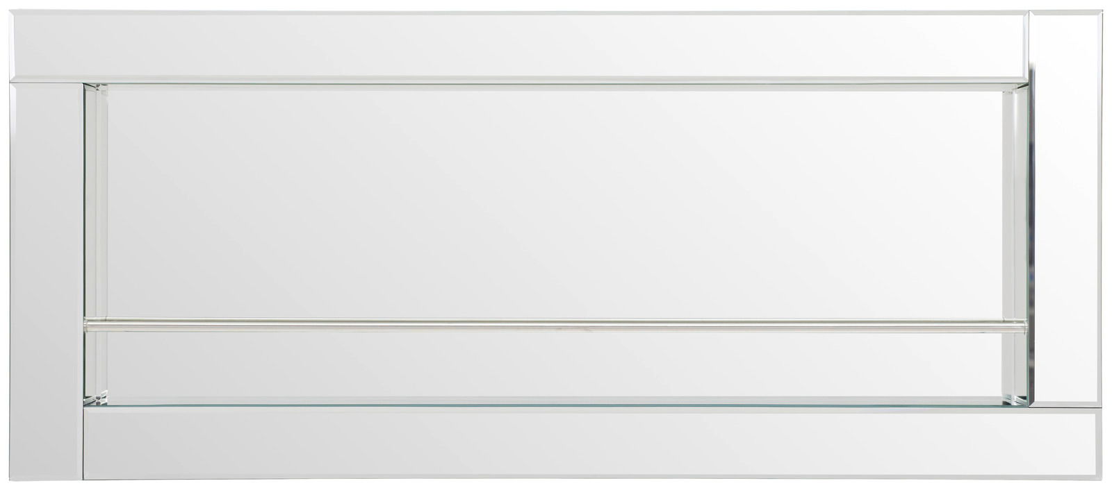 Frontale Ansicht eines modernen Wandregals aus Glas mit klaren Linien und minimalistischen Design.