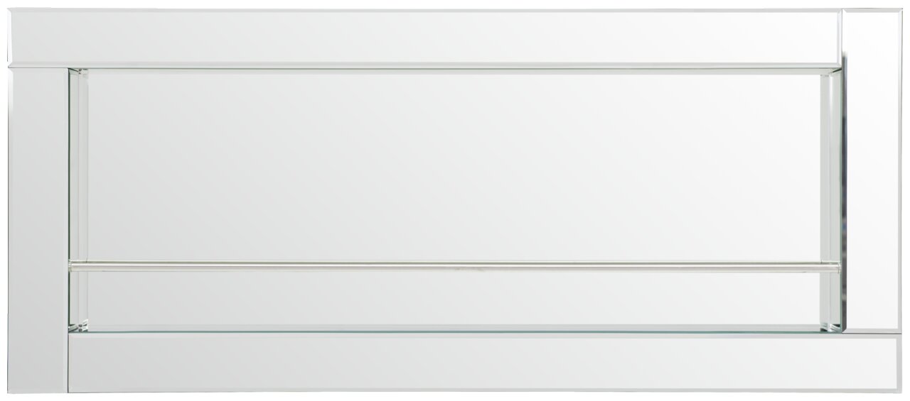 Vooraanzicht van een moderne glazen wandplank met strakke lijnen en een minimalistisch ontwerp.