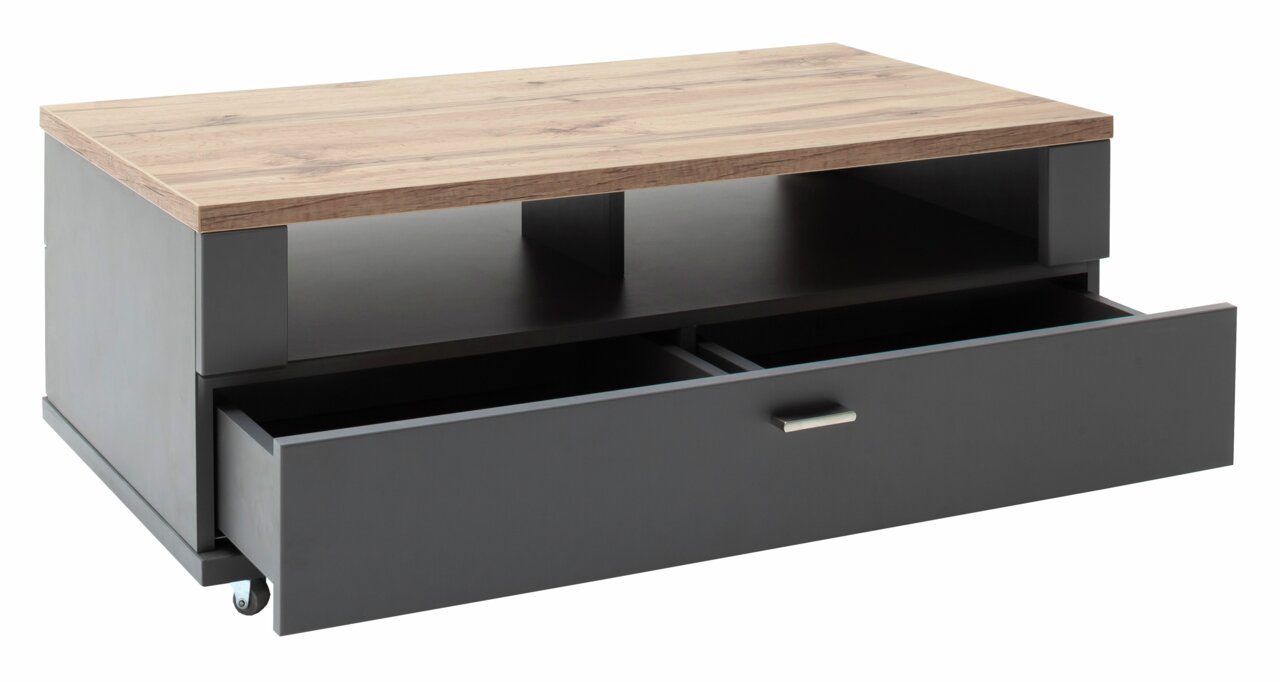 Moderner Couchtisch mit Holzplatte und grauem Korpus, Schublade geöffnet, seitliche Perspektive