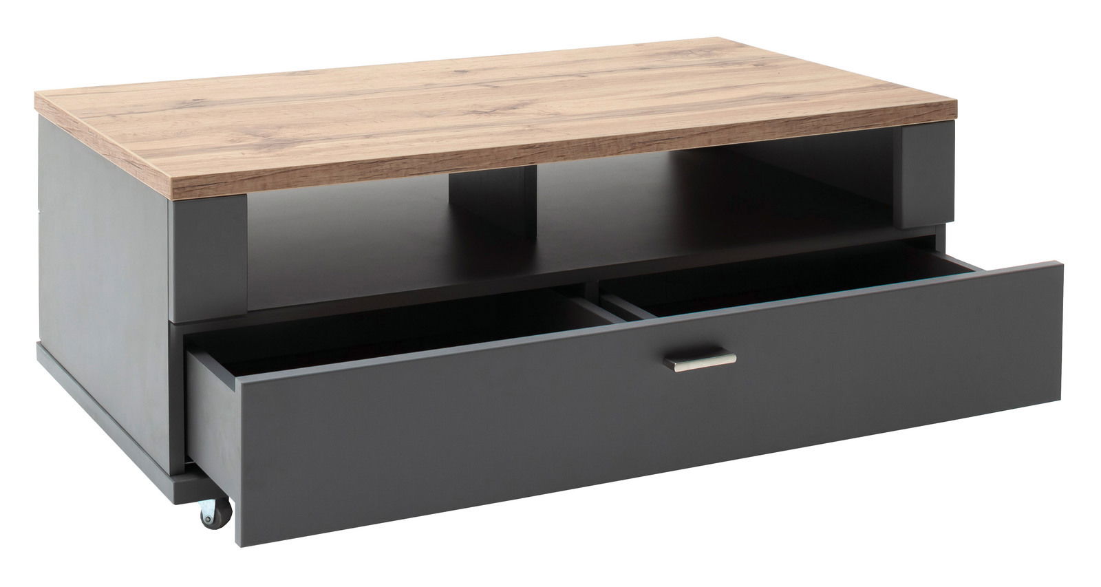 Moderner Couchtisch mit Holzplatte und grauem Korpus, Schublade geöffnet, seitliche Perspektive