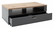 Moderner Couchtisch mit Holzplatte und grauem Korpus, Schublade geöffnet, seitliche Perspektive