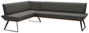 Graue Eckbank mit modernem Design, Metallbeinen und einer L-Form, Perspektive von vorne links