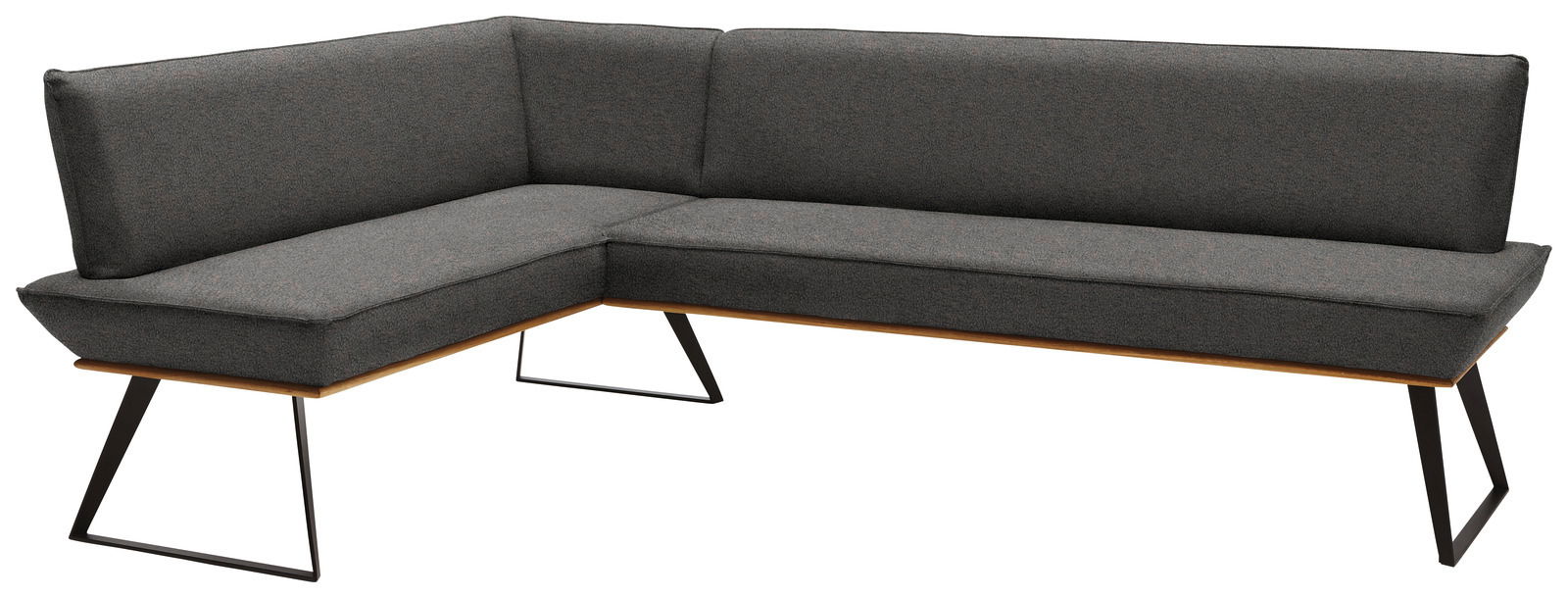 Graue Eckbank mit modernem Design, Metallbeinen und einer L-Form, Perspektive von vorne links