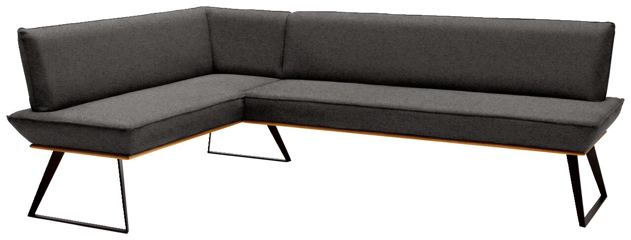 Graue Eckbank mit modernem Design, Metallbeinen und einer L-Form, Perspektive von vorne links