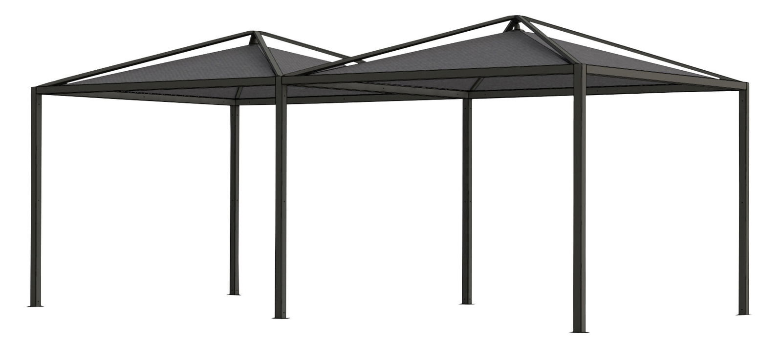 Schwarze Pagoden-Erweiterung mit zwei spitzen Dächern, seitliche Perspektive