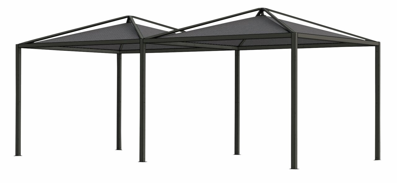 Schwarze Pagoden-Erweiterung mit zwei spitzen Dächern, seitliche Perspektive