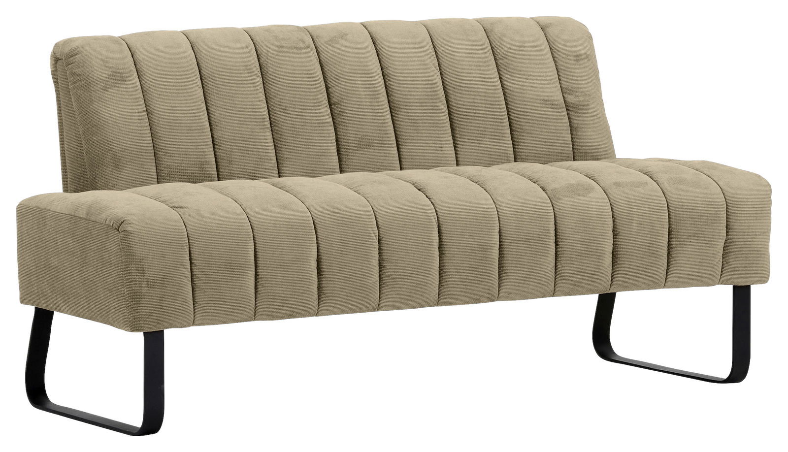 Zweier-Sitzbank in beige mit vertikaler Steppung und schwarzen Metallbeinen, seitliche Perspektive