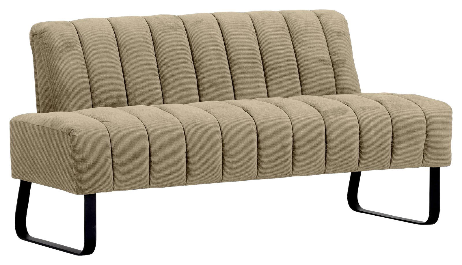 Zweier-Sitzbank in beige mit vertikaler Steppung und schwarzen Metallbeinen, seitliche Perspektive