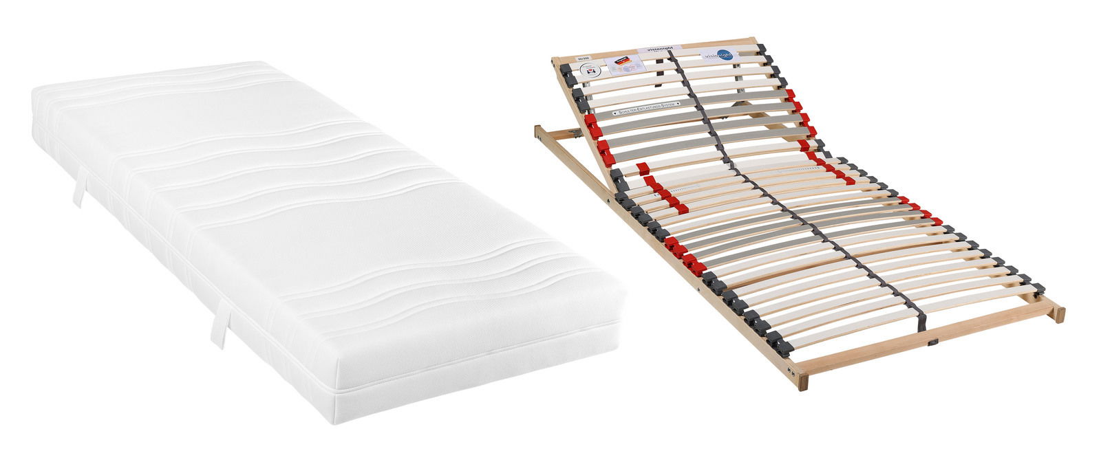 Seitliche Ansicht eines Matratzen-Rahmen-Sets H3 mit einer weißen Matratze und einem verstellbaren Lattenrost.