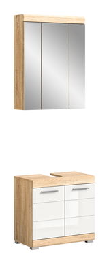 Badezimmerschrank-Kombination mit Holzoptik und Spiegel, bestehend aus einem Hängeschrank mit drei Spiegeltüren und einem Unterschrank mit Schubladen, Vorderansicht.