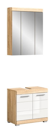 Badezimmerschrank-Kombination mit Holzoptik und Spiegel, bestehend aus einem Hängeschrank mit drei Spiegeltüren und einem Unterschrank mit Schubladen, Vorderansicht.