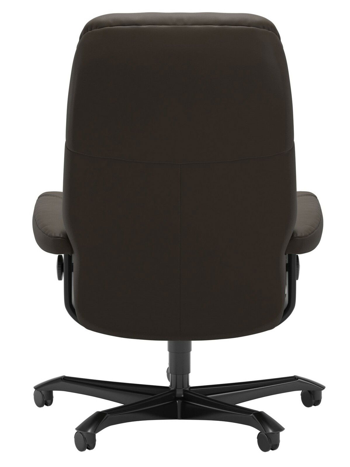 Rückansicht eines braunen Chefsessels mit schwarzem Fußkreuz und Rollen.
