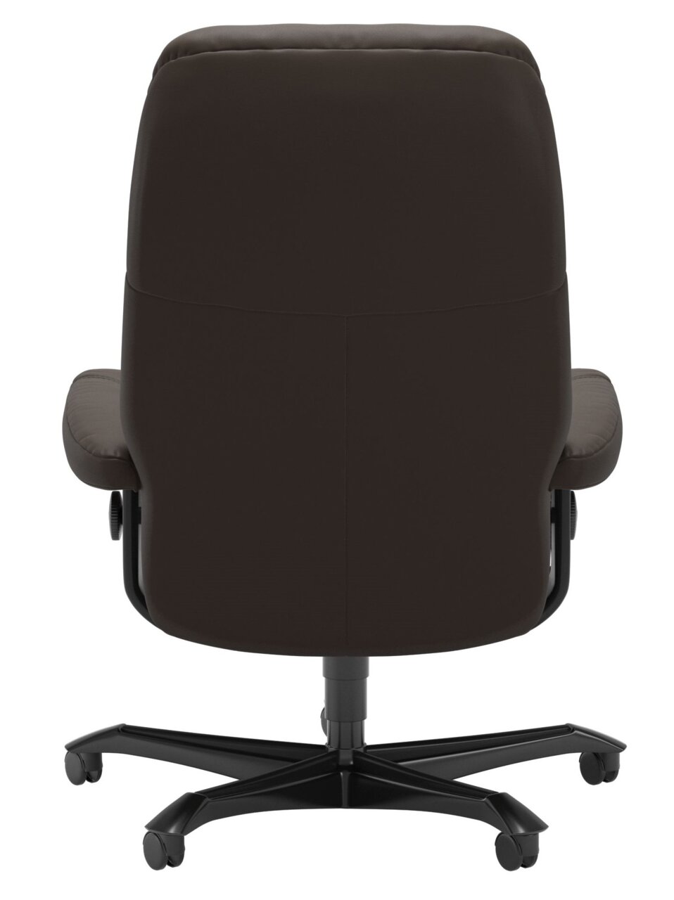 Rückansicht eines braunen Chefsessels mit schwarzem Fußkreuz und Rollen.