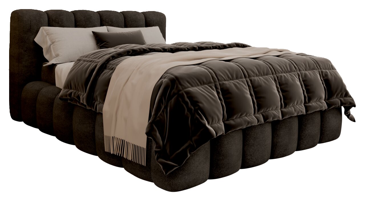 Seitliche Perspektive auf ein elegantes Polsterbettgestell mit gestepptem Kopfteil und luxuriöser Bettwäsche in dunklen Tönen.