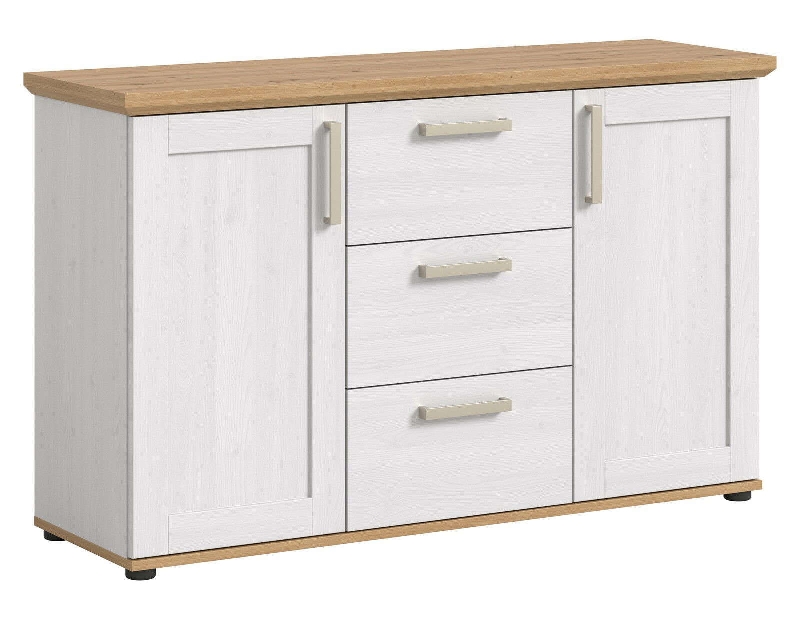 MID.YOU Sideboard VERONA Weißes Sideboard mit drei Schubladen und zwei Türen, Holzoberfläche, Frontalansicht