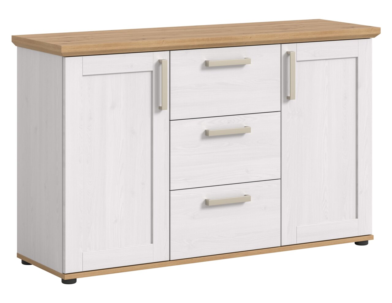 Weißes Sideboard mit drei Schubladen und zwei Türen, Holzoberfläche, Frontalansicht