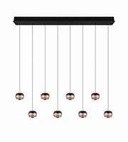 Moderne Pendelleuchte Orbit mit acht kugelförmigen Lampen, schwarze Aufhängung, frontale Ansicht